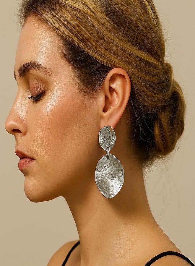 ZENCHEER Round Geometry Clip On Earrings for Women, Matte Gold Silver Retro Disc Dangle Drop Clip Earrings Non Pierced Clips Stetement Jewelry Gifts,Silver - Image 2